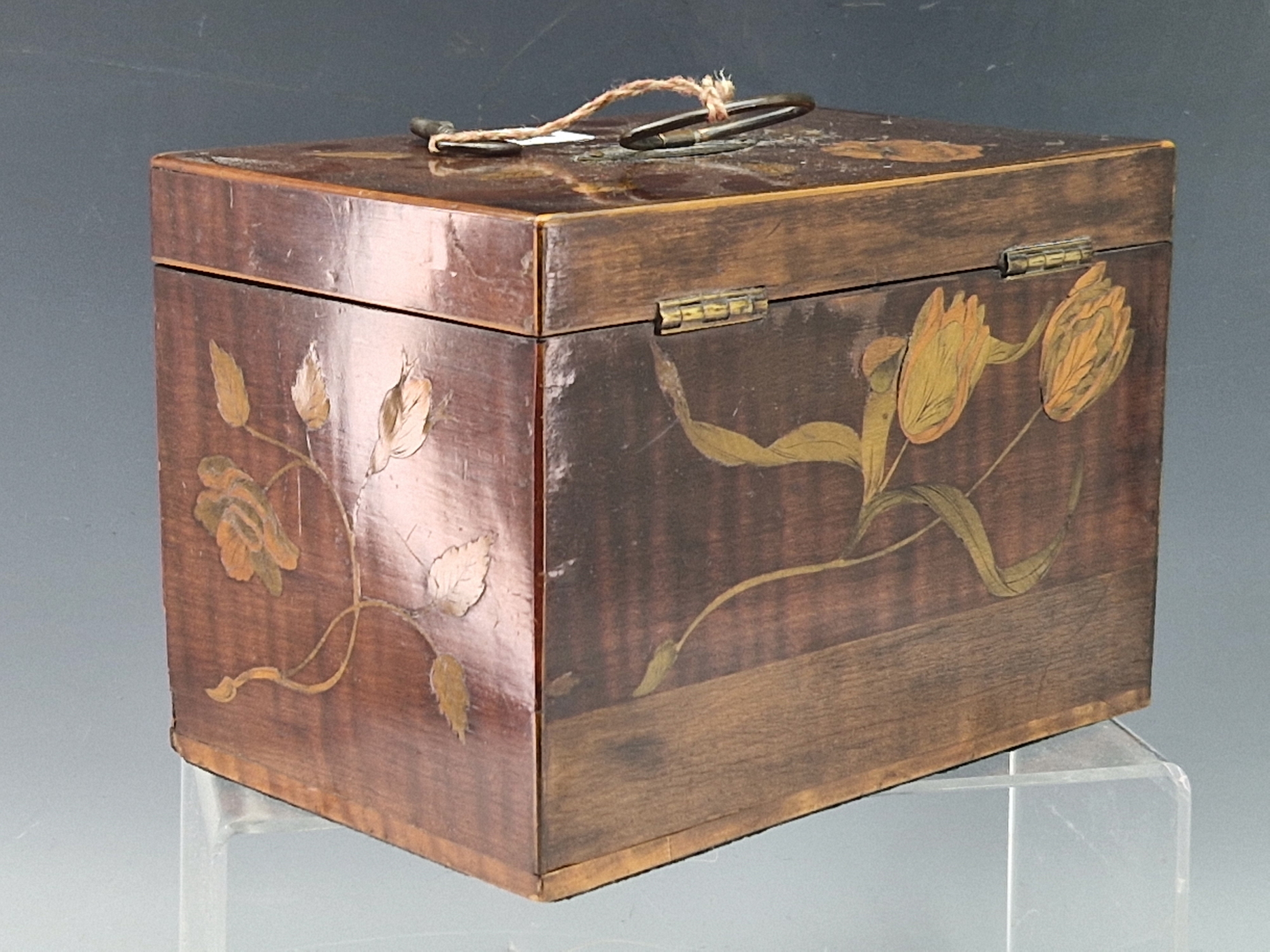 A FLORAL MARQUETRIED MAHOGANY PHARMACY CHEST CONTAINING EIGHT BOTTLES, THE BOX. W 18cms. - Image 8 of 8