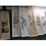 ELEVEN CHINESE SCROLLS DEPICTING THE SEASONS, MOUNTAINOUS LANDSCAPES AND FLOWERS