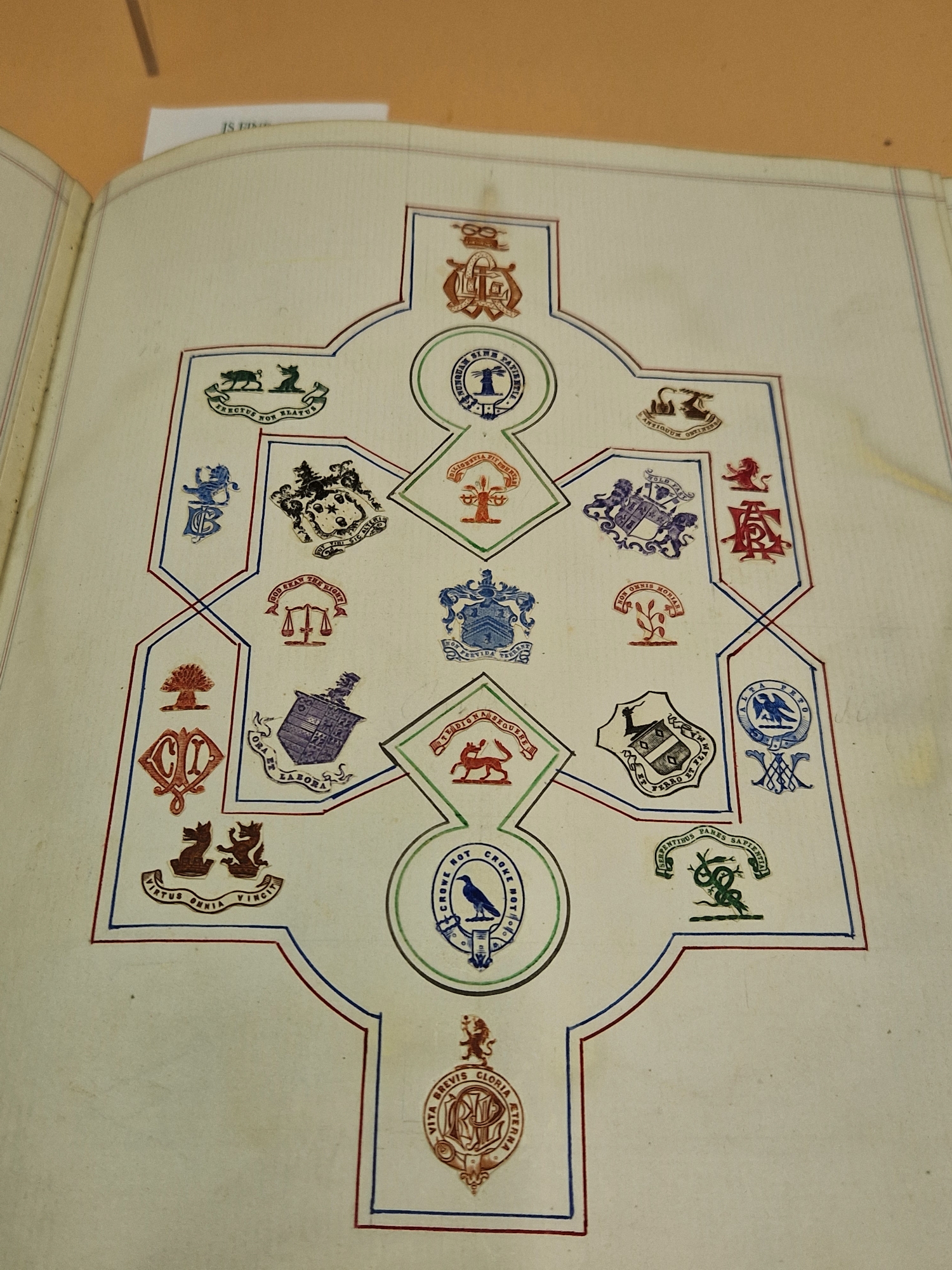 A LATE VICTORIAN GREEN LEATHER BOUND ALBUM OF ROYAL, MILITARY, NAVAL COLLEGE, AND PERSONAL CRESTS, - Image 14 of 14