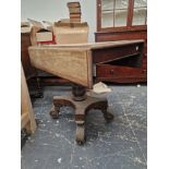 AN EARLY 19th C. MAHOGANY PEMBROKE TABLE, THE RECTANGULAR TOP OF A COLUMN, PLINTH AND FOUR FOLIATE