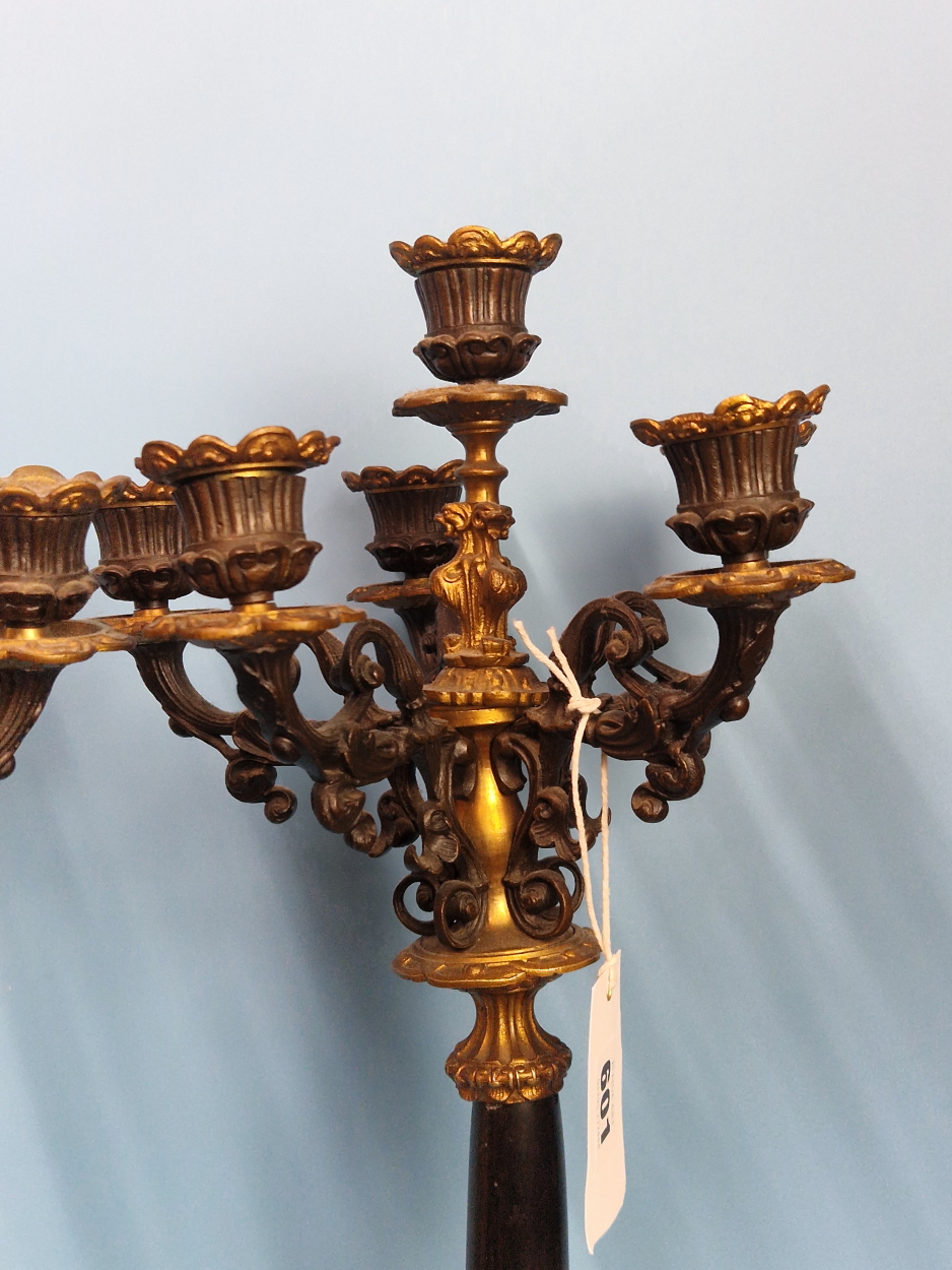 A PAIR OF 19th C. ORMOLU, BRONZE AND BLACK SLATE FIVE LIGHT CANDELABRA SUPPORTED ON TRIPARTITE - Image 6 of 8