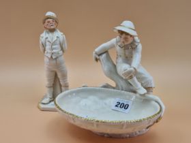 A VICTORIAN ROYAL WORCESTER FIGURE OF A BOY SEATED ON A BRANCH OVERLOOKING A GILT EDGED BASKET. W