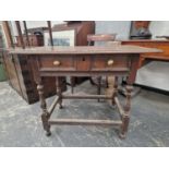 AN 18TH CENTURYMOAK SIDE TABLE WITH FRIEZE DRAWER ON TURNED LEGS WITH STRETCHERS.