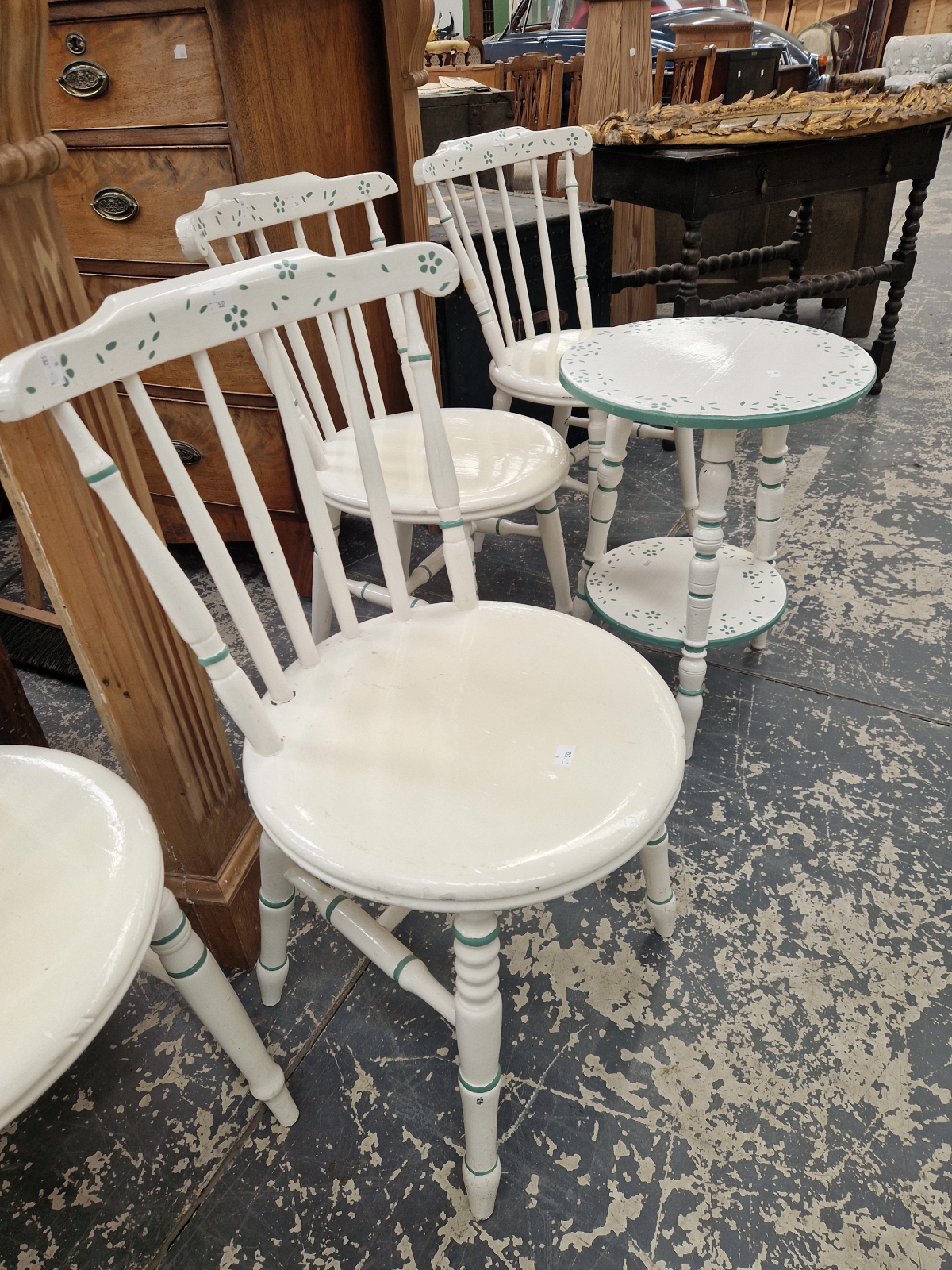 A SET OF FOUR WHITE PAINTED YOKE BACKED KITCHEN CHAIRS DETAILED IN TURQUOISE AND ENSUITE WITH A - Image 3 of 6