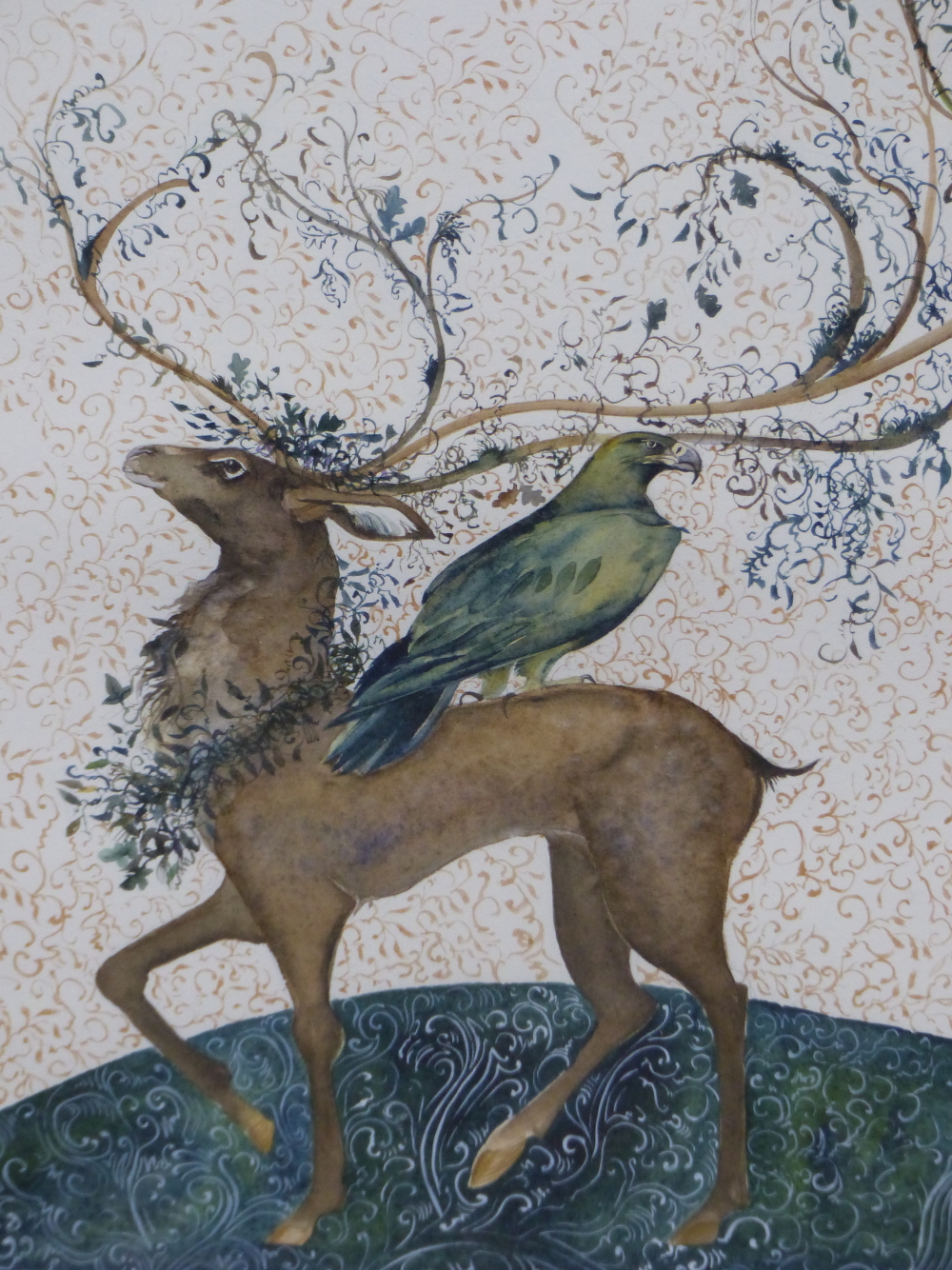 JACKIE MORRIS (20TH/21ST CENTURY) ARR, STAG AND EAGLE, WATERCOLOUR HIGHLIGHTED WITH GILT, 24.5 x - Image 6 of 8