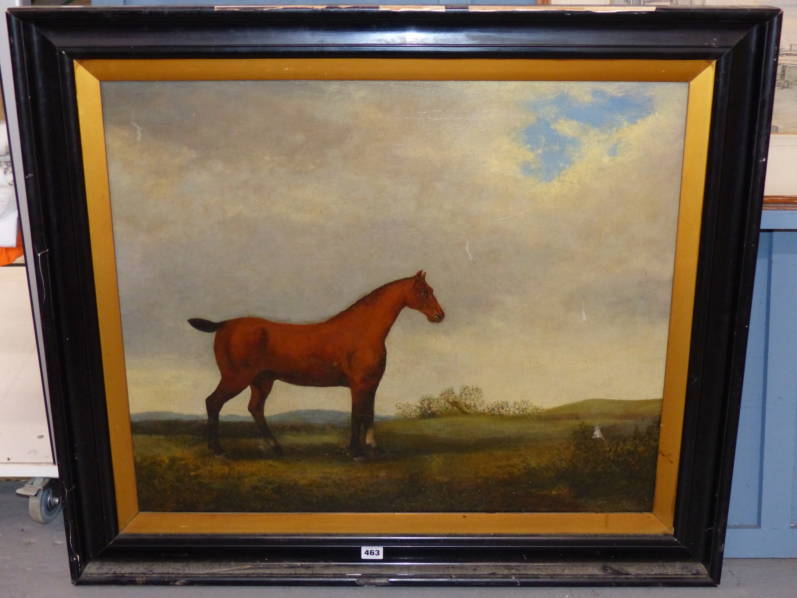 19TH CENTURY NAIVE SCHOOL, BAY HORSE IN AN EXTENSIVE LANDSCAPE, OIL ON CANVAS (RELINED), 74 x - Image 2 of 8