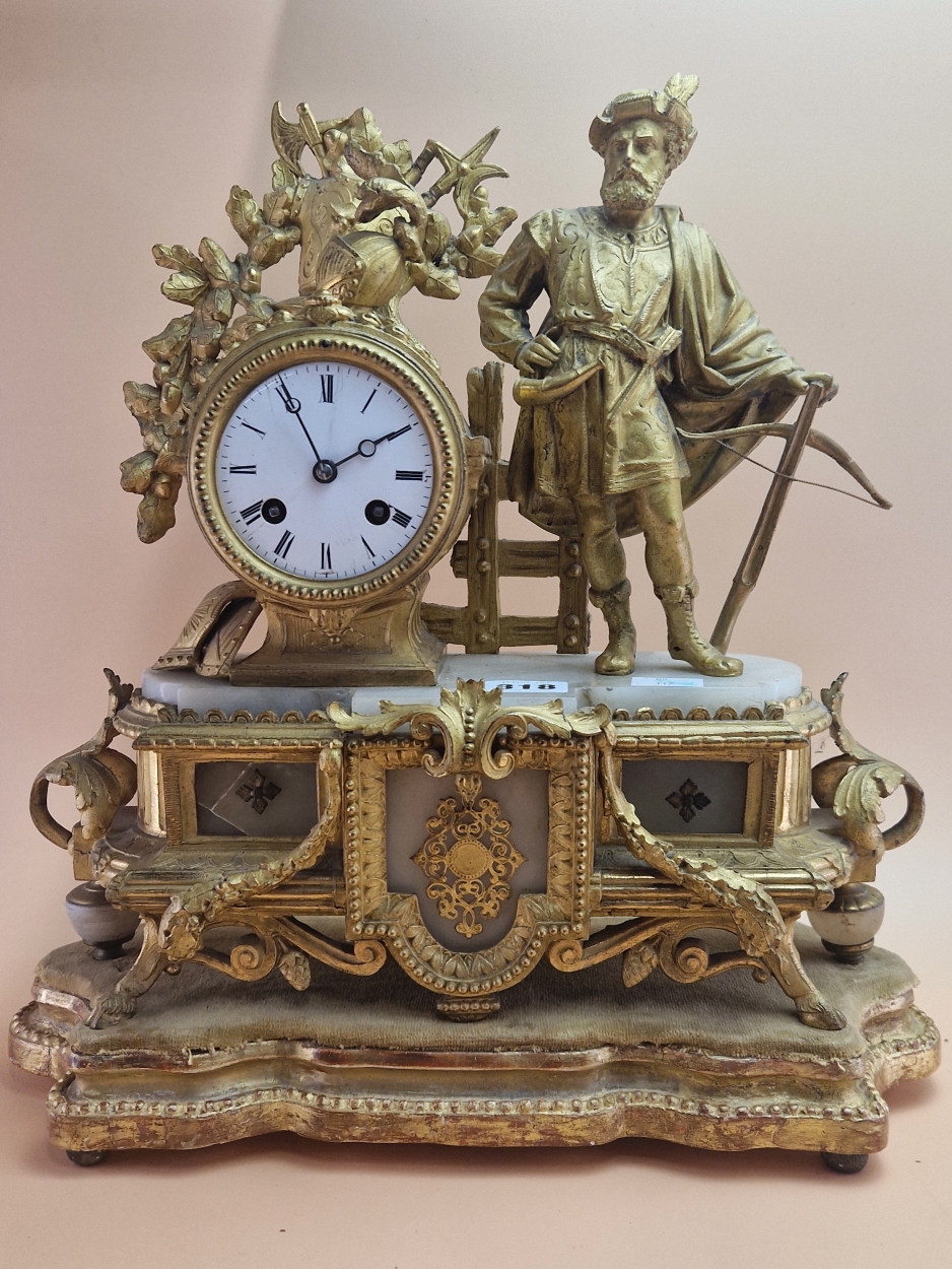 A LATE 19th C. GILT SPELTER AND WHITE ONYX CASED MANTEL CLOCK AND WOOD STAND, THE ENAMEL DIAL - Image 2 of 6