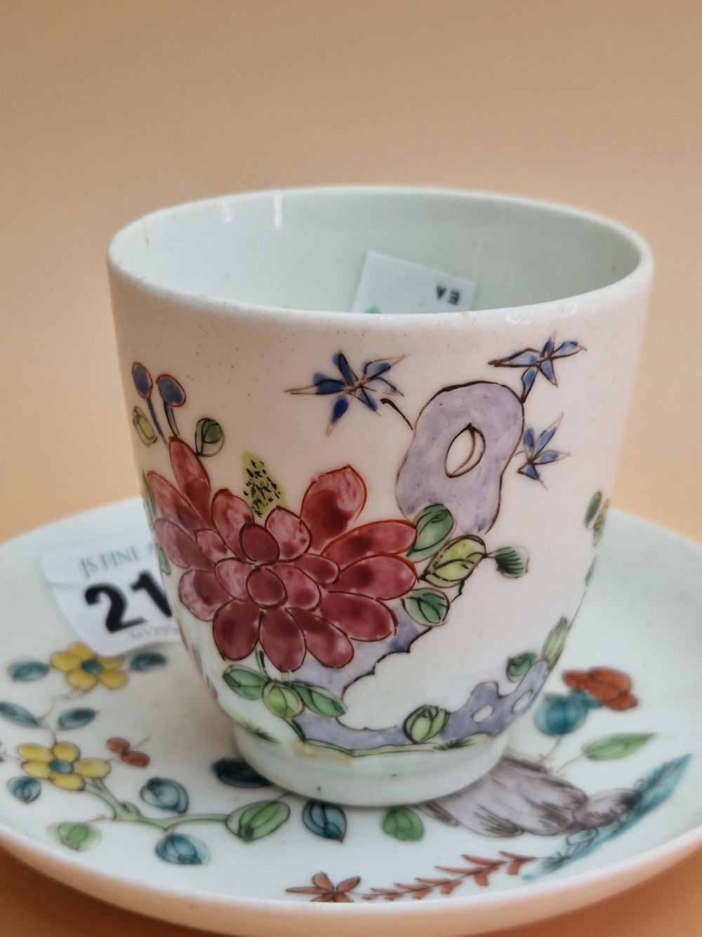 A BOW PORCELAIN COFFEE CUP AND SAUCER PAINTED WITH FLOWERS GROWING BY ROCKS - Image 3 of 6