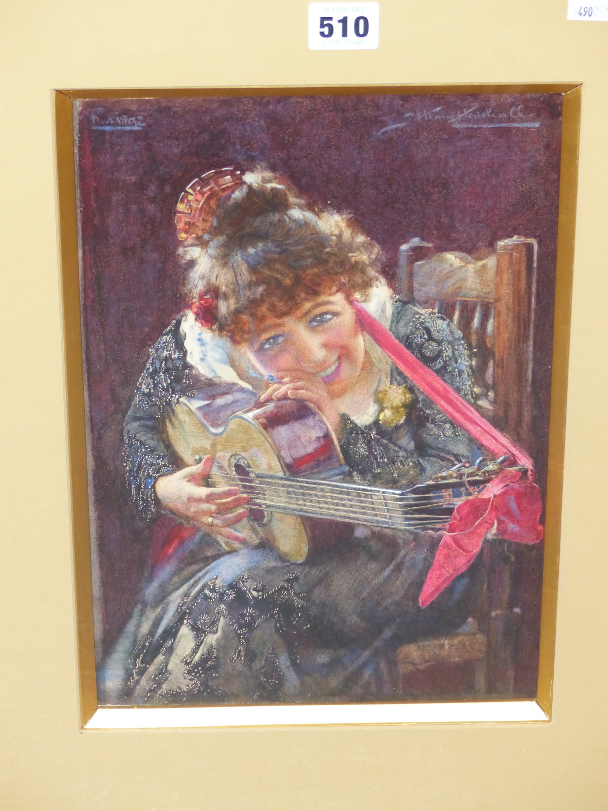 JOHN HENRY HENSHALL (1856-1928), YOUNG GIRL IN A SEQUINNED DRESS WITH A GUITAR, SIGNED UPPER RIGHT - Image 2 of 6