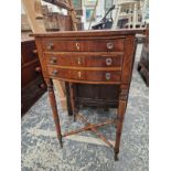 A 19th C. CROSS BANDED AND EBONY LINE INLAID MAHOGANY BOW FRONT SIDE TABLE WITH TWO DRAWERS ABOVE