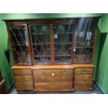 AN ANTIQUE GEORGE III STYLE MAHOGANY BREAK FRONT LIBRARY BOOKCASE WITH FOUR ASTRAGAL GLAZED DOORS