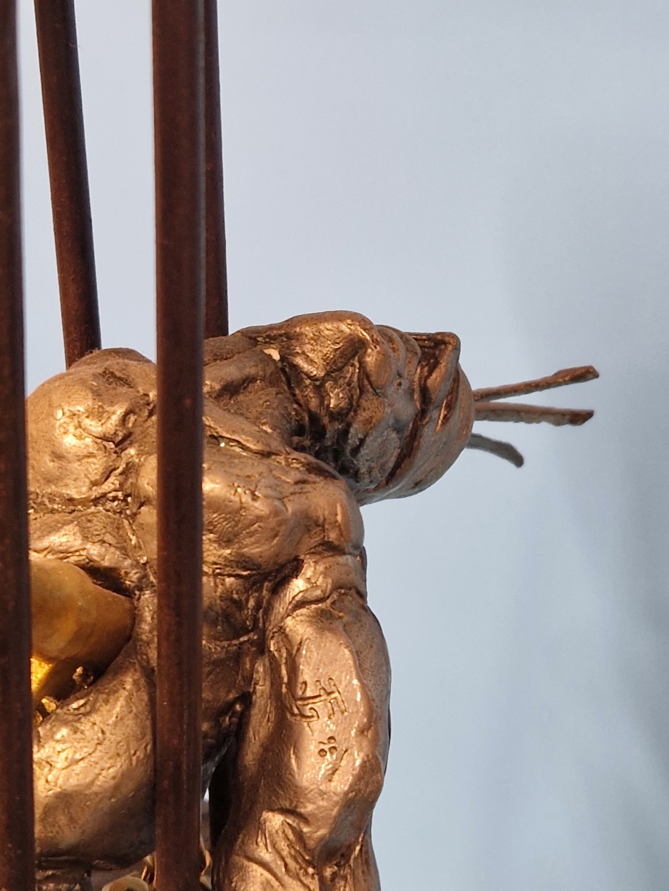 FELIPE GONZALEZ, A CONTEMPORARY BRONZE SCULPTURE OF A MAN IN A CAGE HELD ON A BRACKET ARM RESTING ON - Image 9 of 13