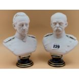 TWO BERLIN BISCUIT PORCELAIN BUSTS OF BISMARCK AND VON MOLTKE, BOTH ON GILT BLUE SOCLES. H 19cms.