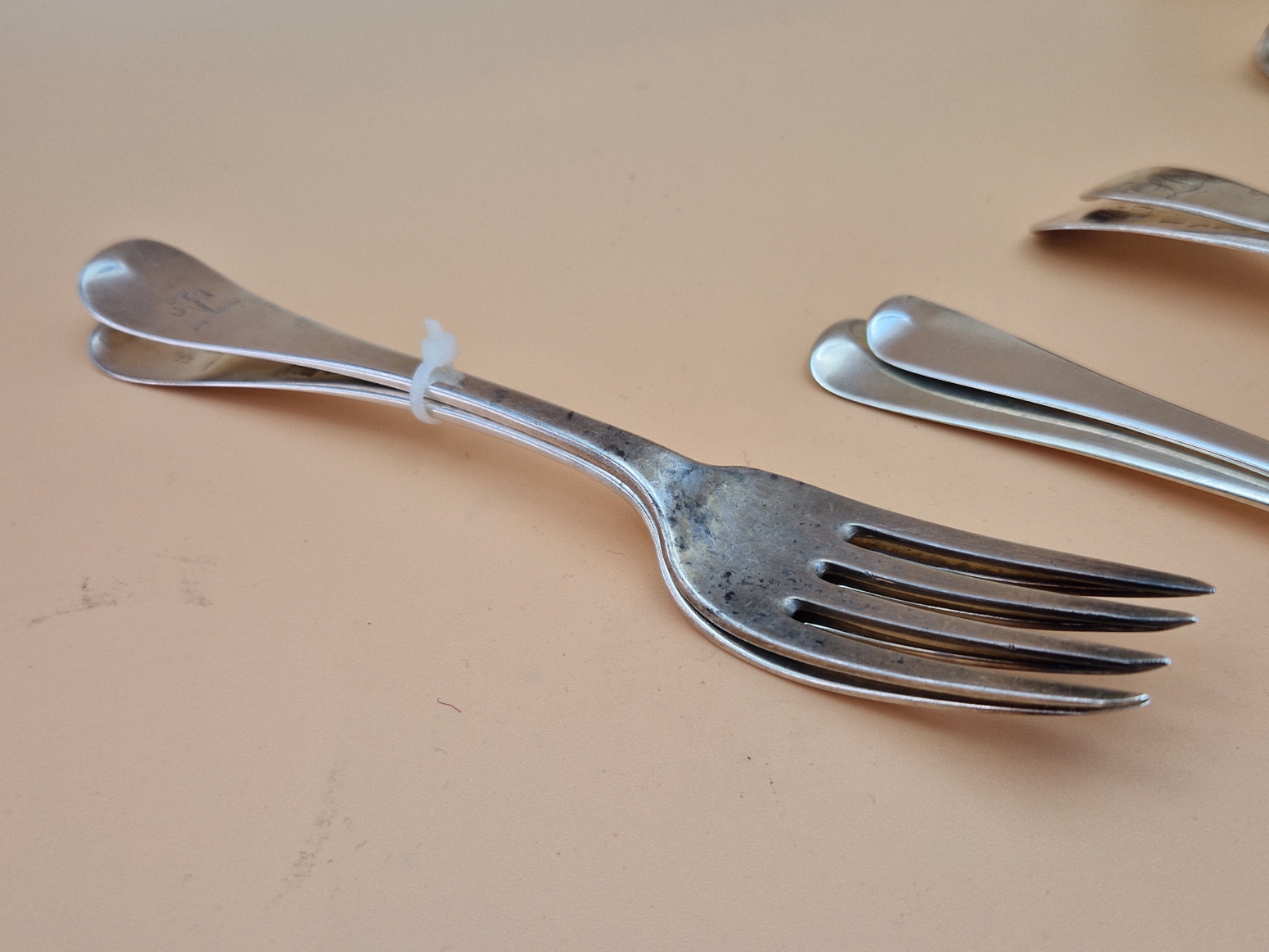 FIFTEEN VARIOUS OLD ENGLISH AND HANOVERIAN PATTERN SILVER SPOONS TOGETHER WITH SEVEN SILVER FORKS, - Image 5 of 15