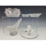 FOUR PIECES OF LALIQUE FROSTED GLASS TOGETHER WITH AN UNMARKED FROSTED GLASS BIRD. W 9cms.