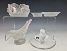 FOUR PIECES OF LALIQUE FROSTED GLASS TOGETHER WITH AN UNMARKED FROSTED GLASS BIRD. W 9cms.