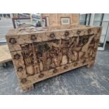 A LARGE ORIENTAL CARVED CAMPHORWOOD BLANKET CHEST