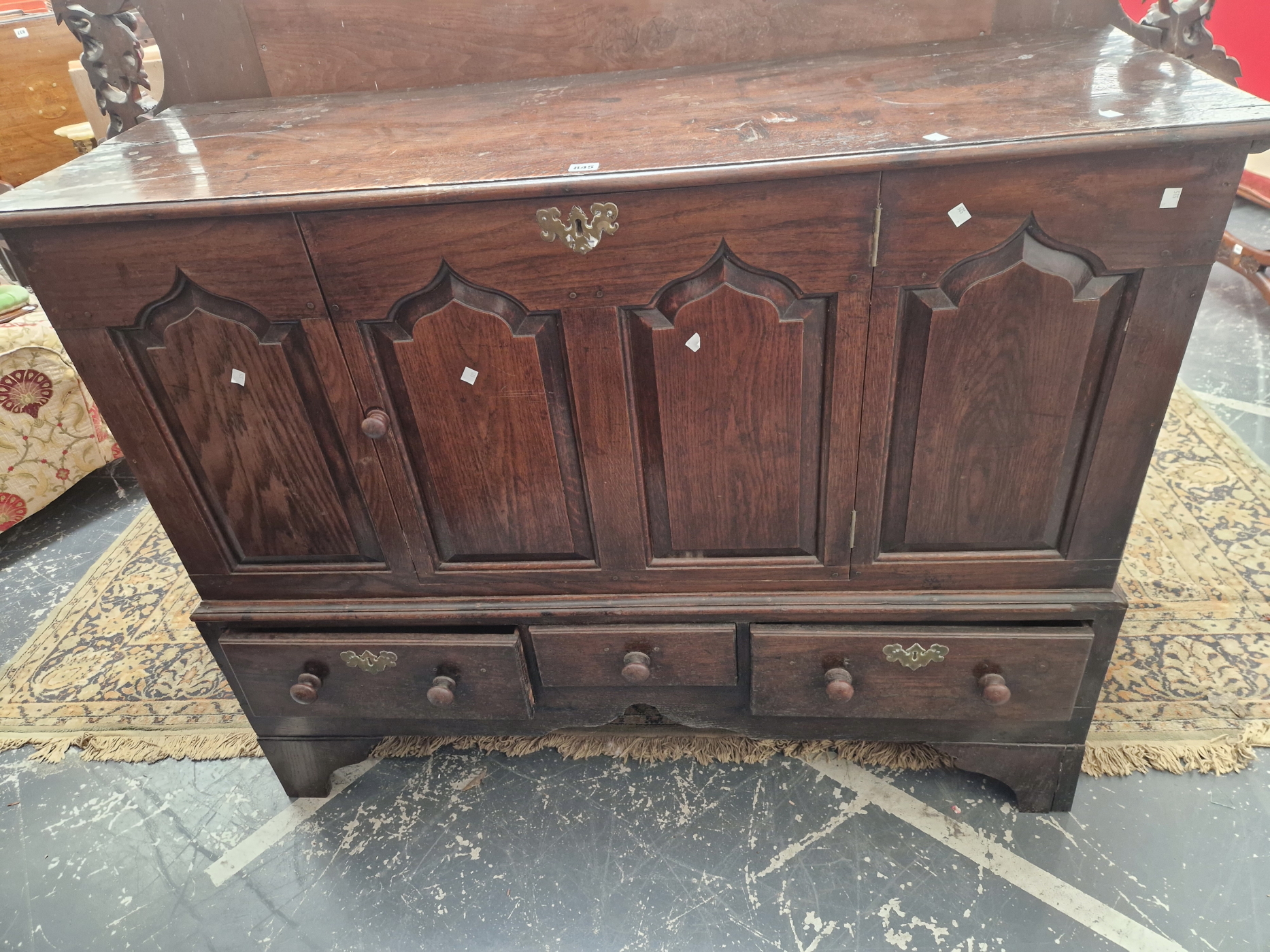 AN 18th C. OAK MULE CHEST WITH A FOUR PANELLED FRONT ABOVE THREE DRAWERS. W 143 x D 50 x H 111cms. - Image 2 of 7