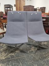 A PAIR OF JADE GREY UPHOLSTERED CHAIRS WITH THE RECTANGULAR BACKS RUNNING DOWN TO THE SEATS AND