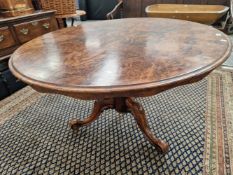 A 19th C. BURR WALNUT BREAKFAST TABLE, WITH LABLE FOR DRUCE AND CO. THE CIRCULAR TOP ON A COLUMN AND