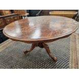 A 19th C. BURR WALNUT BREAKFAST TABLE, WITH LABLE FOR DRUCE AND CO. THE CIRCULAR TOP ON A COLUMN AND