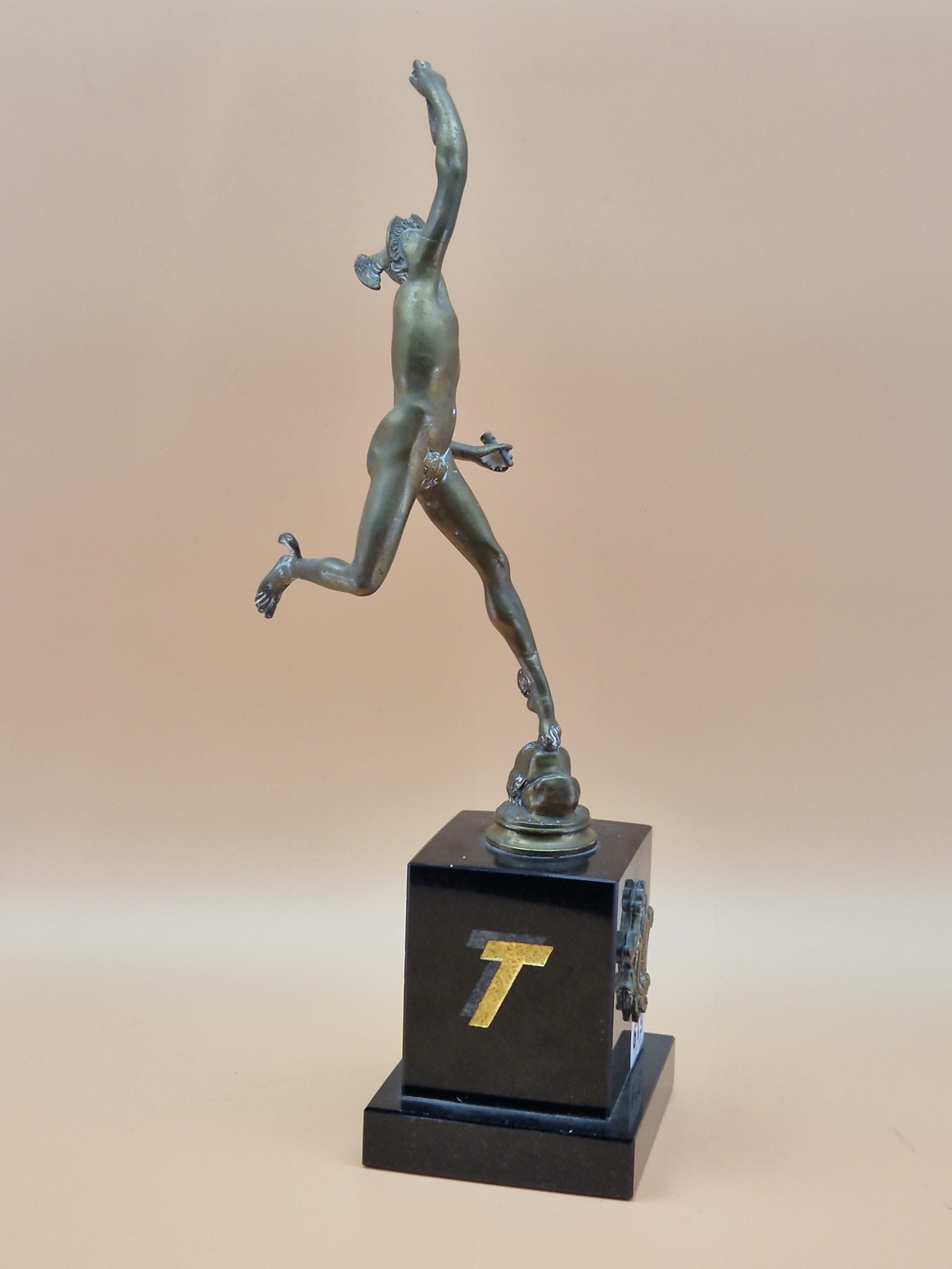 A BRONZE FIGURE OF MERCURY AFTER GIAMBOLOGNA RAISED ON A BLACK STONE PLINTH INSCRIBED AND - Image 2 of 3