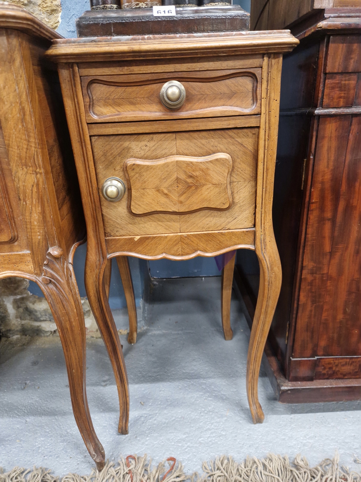 TWO FRENCH SIMILAR ROUGE MARBLE TOPPED BEDSIDE CUPBOARDS, EACH WITH A DRAWER ABOVE A CUPBOARD AND ON - Image 2 of 3