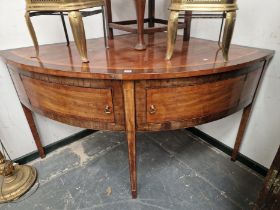 AN ANTIQUE SATIN WOOD BANDED MAHOGANY CORNER FITTING SIDEBOARD WITH TWO DOORS TO THE BOW FRONT ABOVE