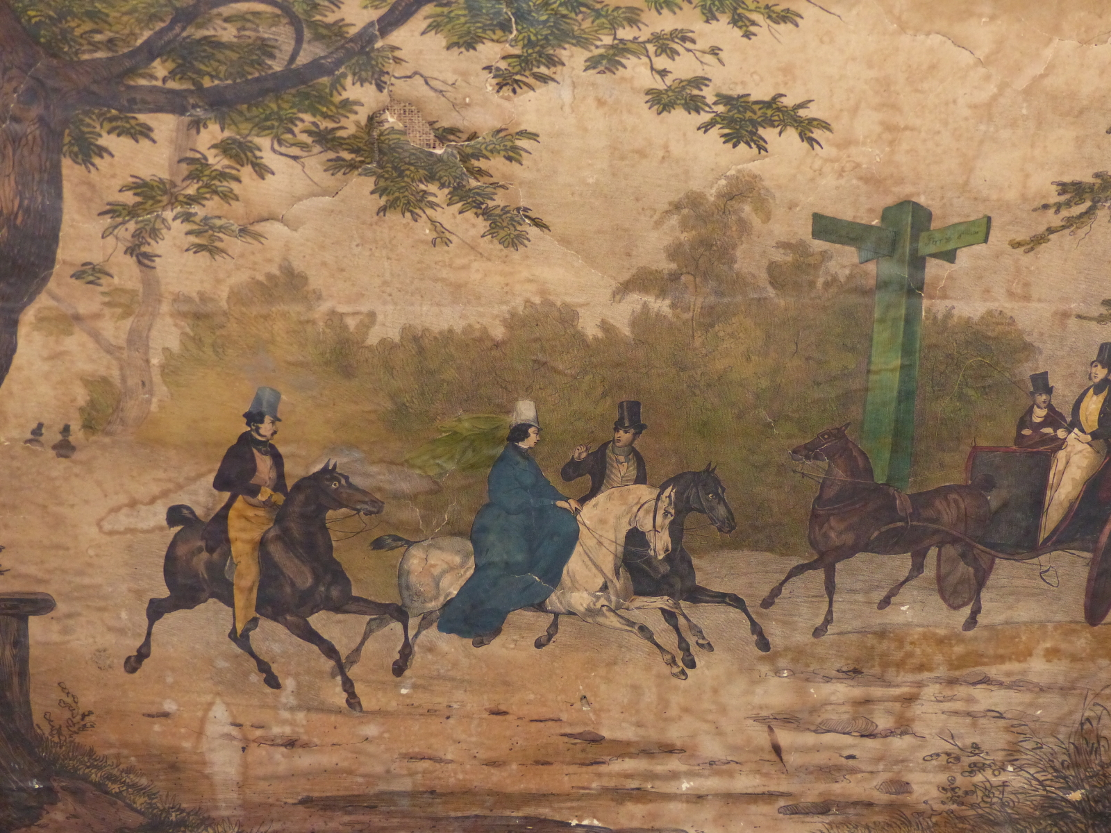 A 19TH CENTURY FRENCH LITHOGRAPH OF EQUESTRIANS ON THE ROAD NEAR PARIS, SOME HAND COLOURING, LAID ON - Image 2 of 7