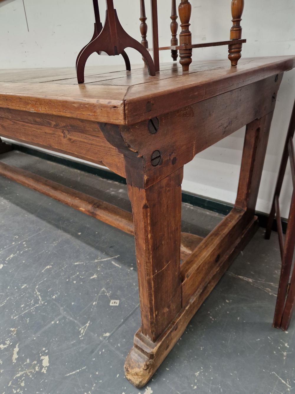 A TEAK AND PINE REFECTORY TABLE, THE CLEATED RECTANGULAR PLANK TOP ON PAIRS OF LEGS TO EACH NARROW - Image 2 of 14