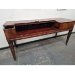 A 19th C, AND LATER MAHOGANY SQUARE PIANO NOW CONVERTED INTO A DESK WITH COMPARTMENTS EITHER SIDE OF