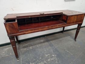 A 19th C, AND LATER MAHOGANY SQUARE PIANO NOW CONVERTED INTO A DESK WITH COMPARTMENTS EITHER SIDE OF