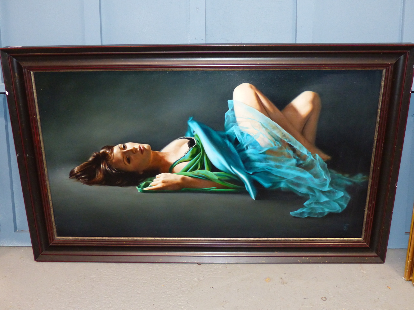 TINA SPRATT (B.1976) ARR, "TEAL", RECLINING WOMAN IN EVENING DRESS, SIGNED WITH MONOGRAM, OIL ON - Image 2 of 7