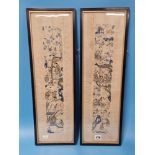 A PAIR OF FRAMED CHINESE SILK SLEEVE PANELS SEWN WITH FIGURES GOING ABOUT VILLAGE PURSUITS ON