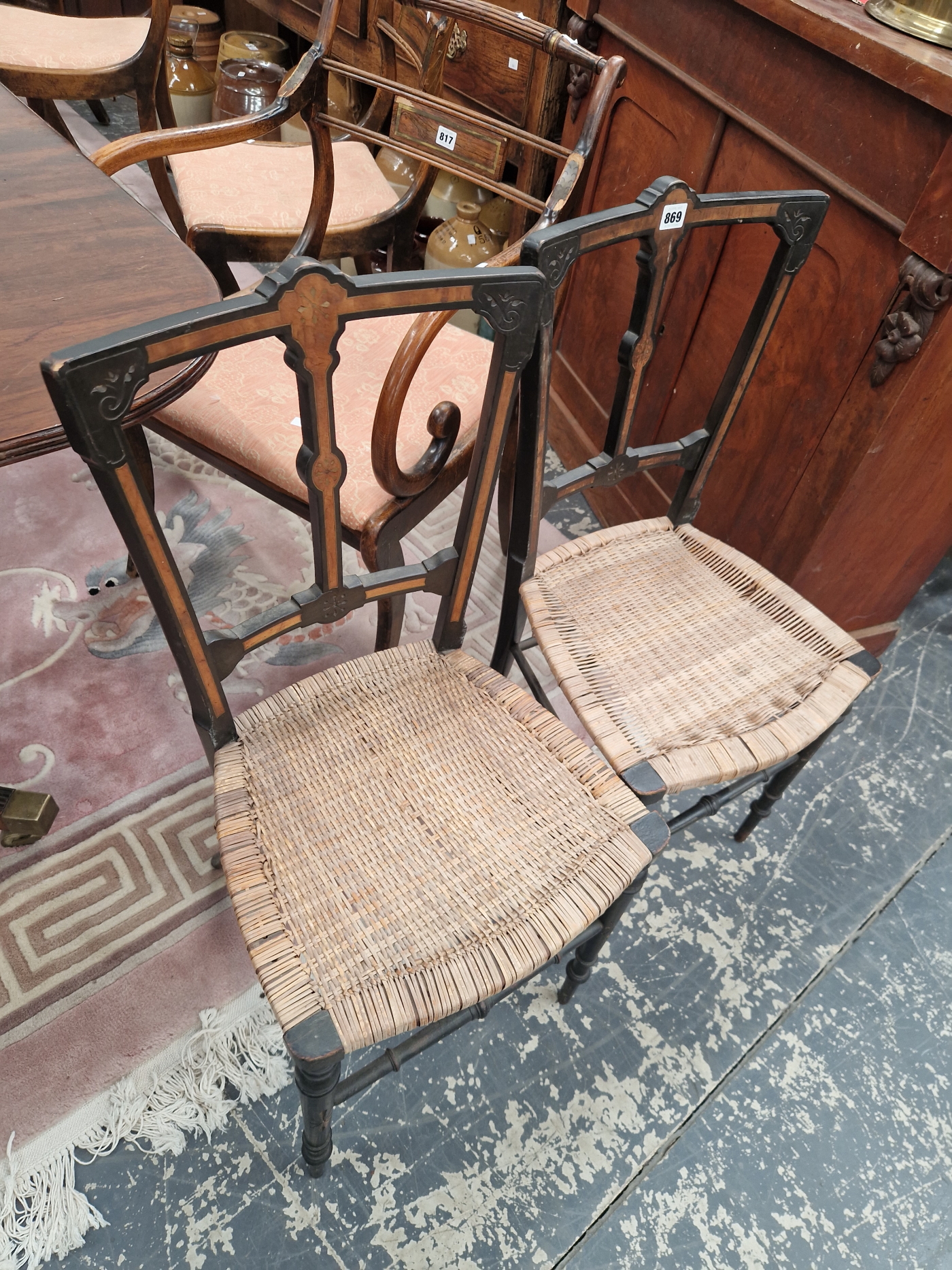 A PAIR OF VICTORIAN WALNUT INLAID EBONY SIDE CHAIRS WITH BASKET WORK SEATS - Image 2 of 2