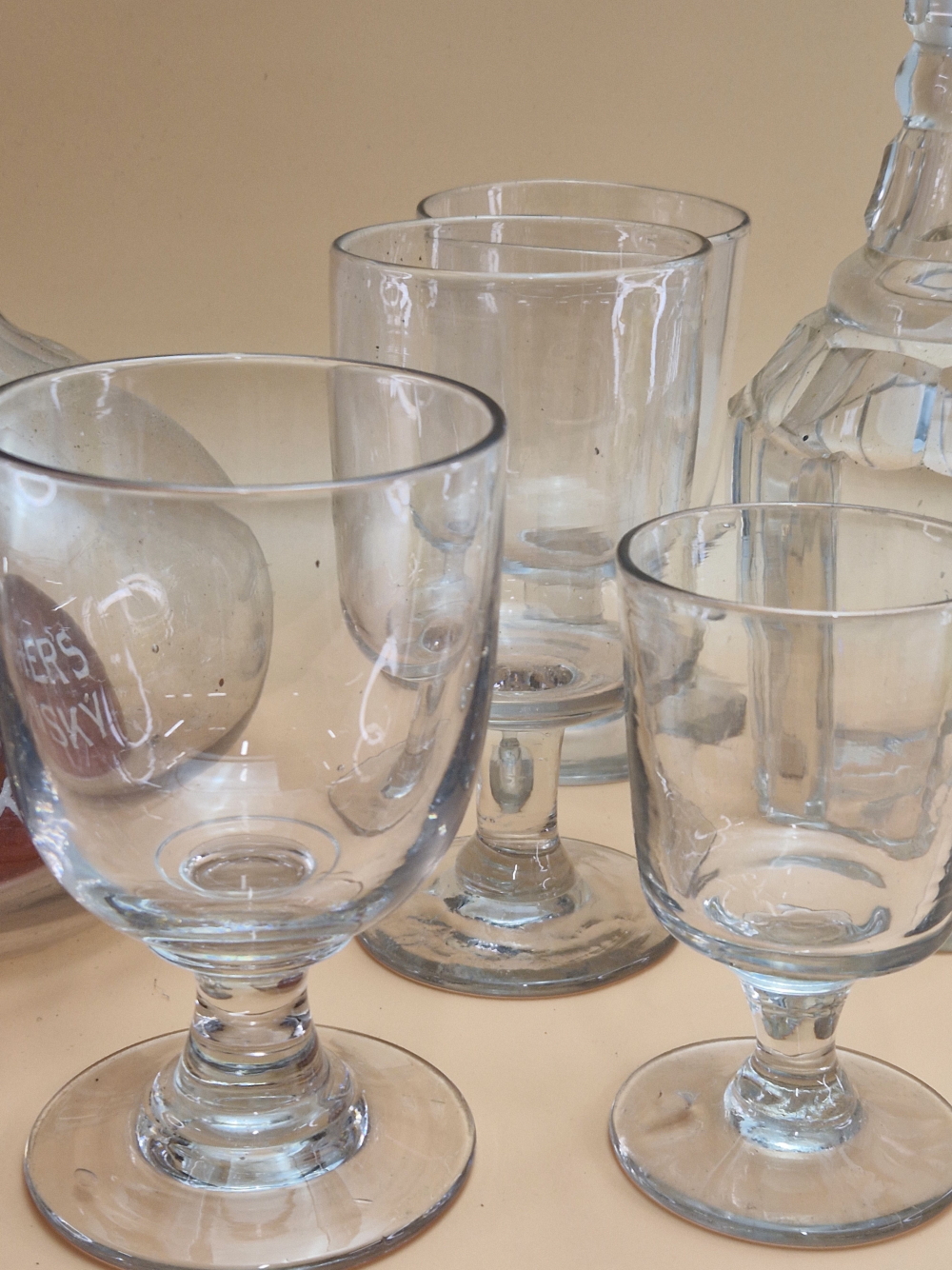 TWENTY RUMMER AND PUB TYPE GLASSES TOGETHER WITH TWO DECANTERS AND A CARAFE WITH A RUBY DOMED - Image 4 of 6