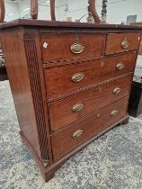 A GEORGIAN CROSS BANDED MAHOGANY CHEST OF TWO SHORT AND THREE LONG DRAWERS ON BRACKET FEET.   W