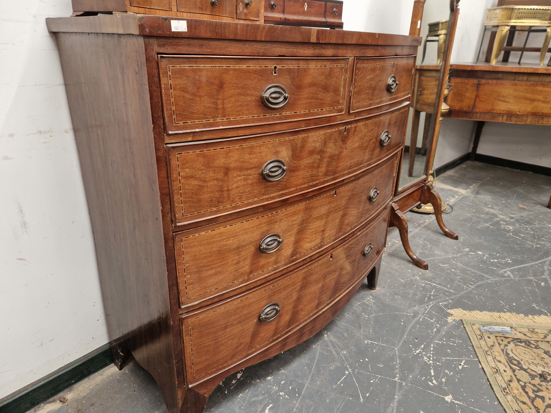 A 19th C CHEQUER LINE INLAID MAHOGANY BOW FRONT CHEST OF TWO SHORT AND THREE LONG DRAWERS ON BRACKET - Image 2 of 7