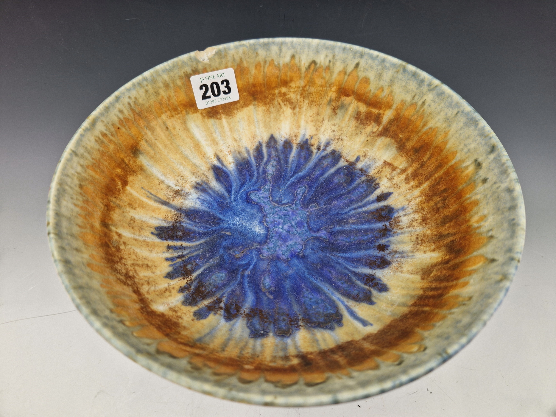 A 1932 RUSKIN HIGH FIRED BOWL,M THE STREAKY COLOURS OF THE INTERIOR TONING FROM GREY THROUGH BROWN - Image 3 of 6