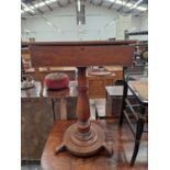 A 19th C. MAHOGANY TABLE WITH A RECTANGULAR LIDDED COMPARTMENT TOP ABOVE A BALUSTER COLUMN ON A