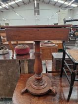 A 19th C. MAHOGANY TABLE WITH A RECTANGULAR LIDDED COMPARTMENT TOP ABOVE A BALUSTER COLUMN ON A