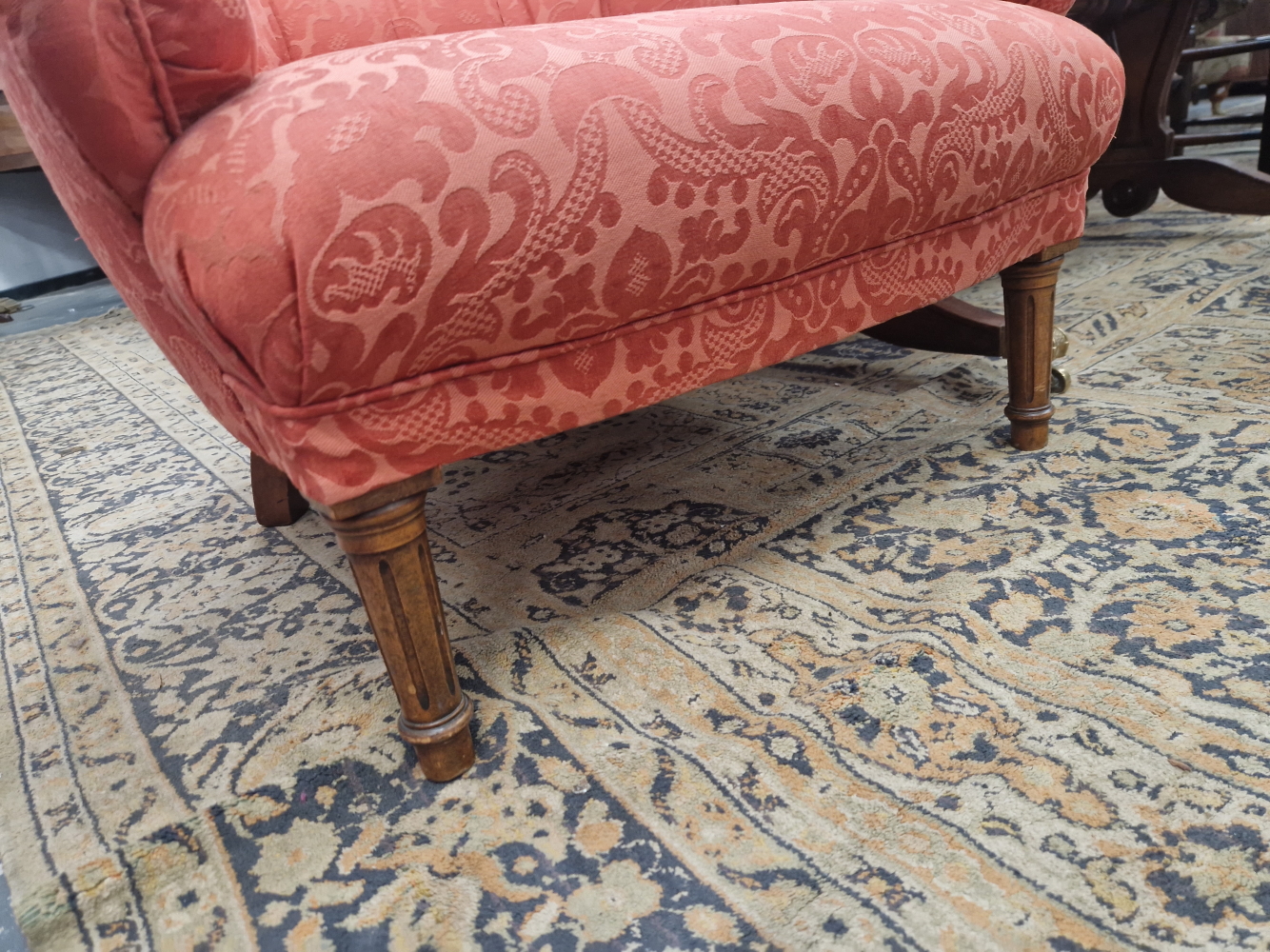 A MAHOGANY ARMCHAIR, THE ROUNDED BACK BUTTON UPHOLSTERED IN TERRACOTTA DAMASK - Image 2 of 4