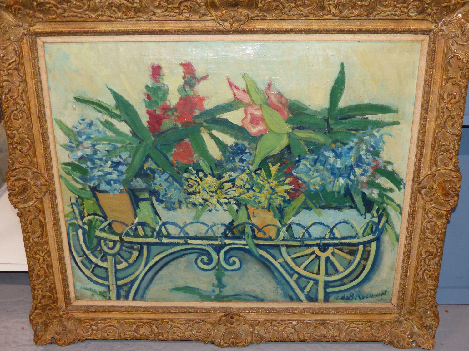 CONTINENTAL SCHOOL (EARLY 20TH CENTURY), STILL LIFE OF FLOWERS IN A WIRE PLANTER, INDISTINCTLY - Image 2 of 4