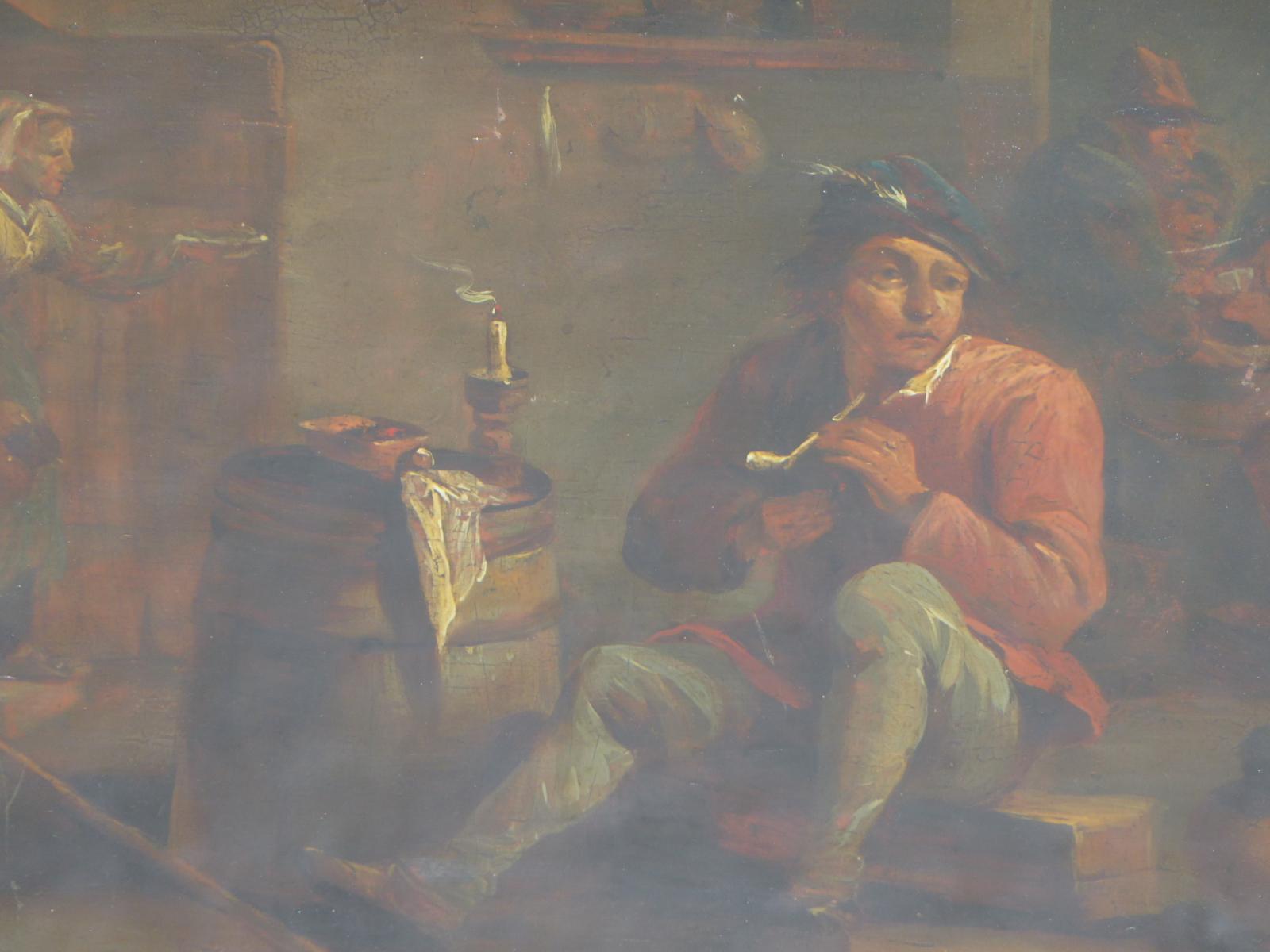 MANNER OF DAVID TENIERS THE YOUNGER, A PIPE SMOKER IN A TAVERN INTERIOR, OIL ON OAK PANEL, 24 x 18. - Image 4 of 8