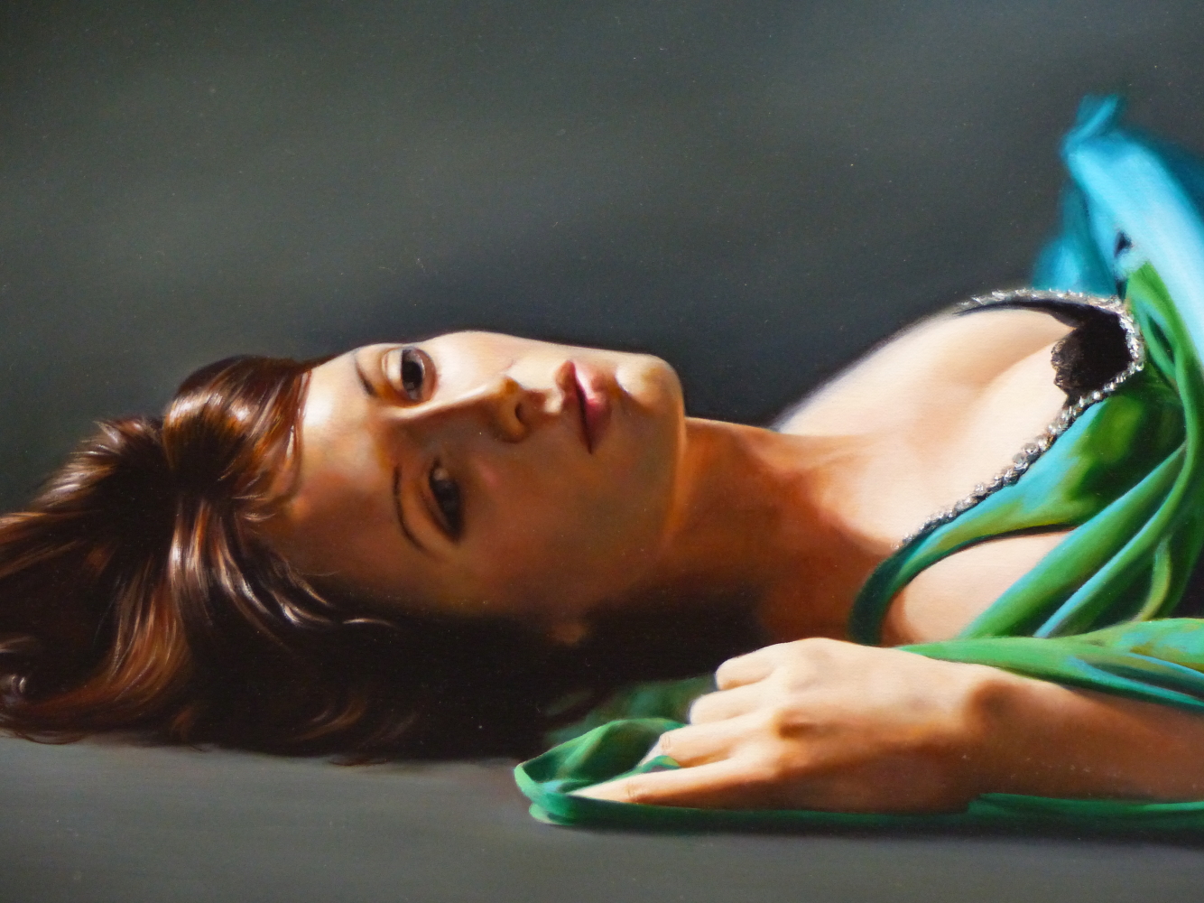 TINA SPRATT (B.1976) ARR, "TEAL", RECLINING WOMAN IN EVENING DRESS, SIGNED WITH MONOGRAM, OIL ON - Image 3 of 7