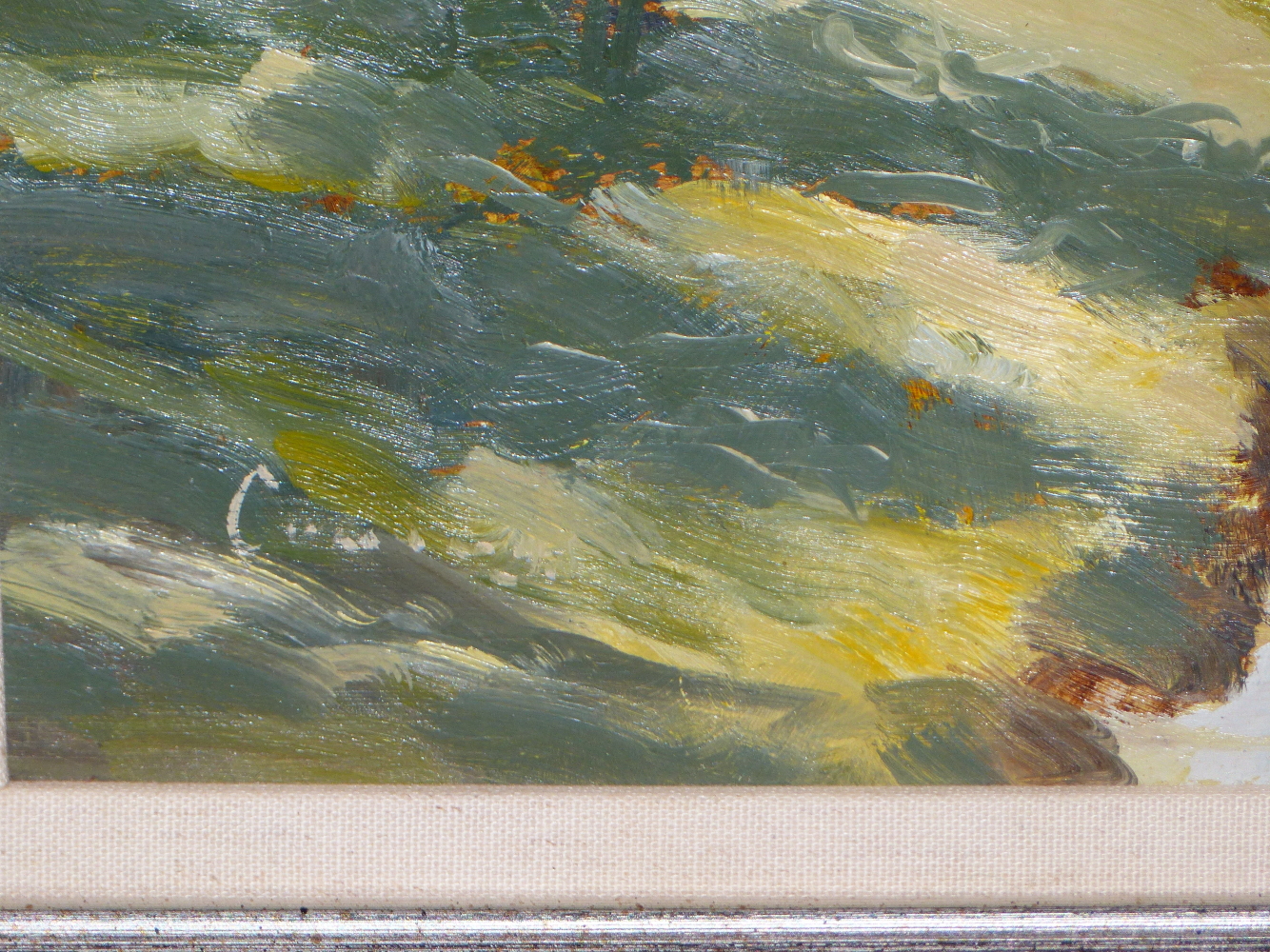 20th C. ENGLISH SCHOOL SUNLIT RIVER LANDSCAPE, SIGNED CUMING, OIL ON BOARD, 33 x - Image 4 of 5