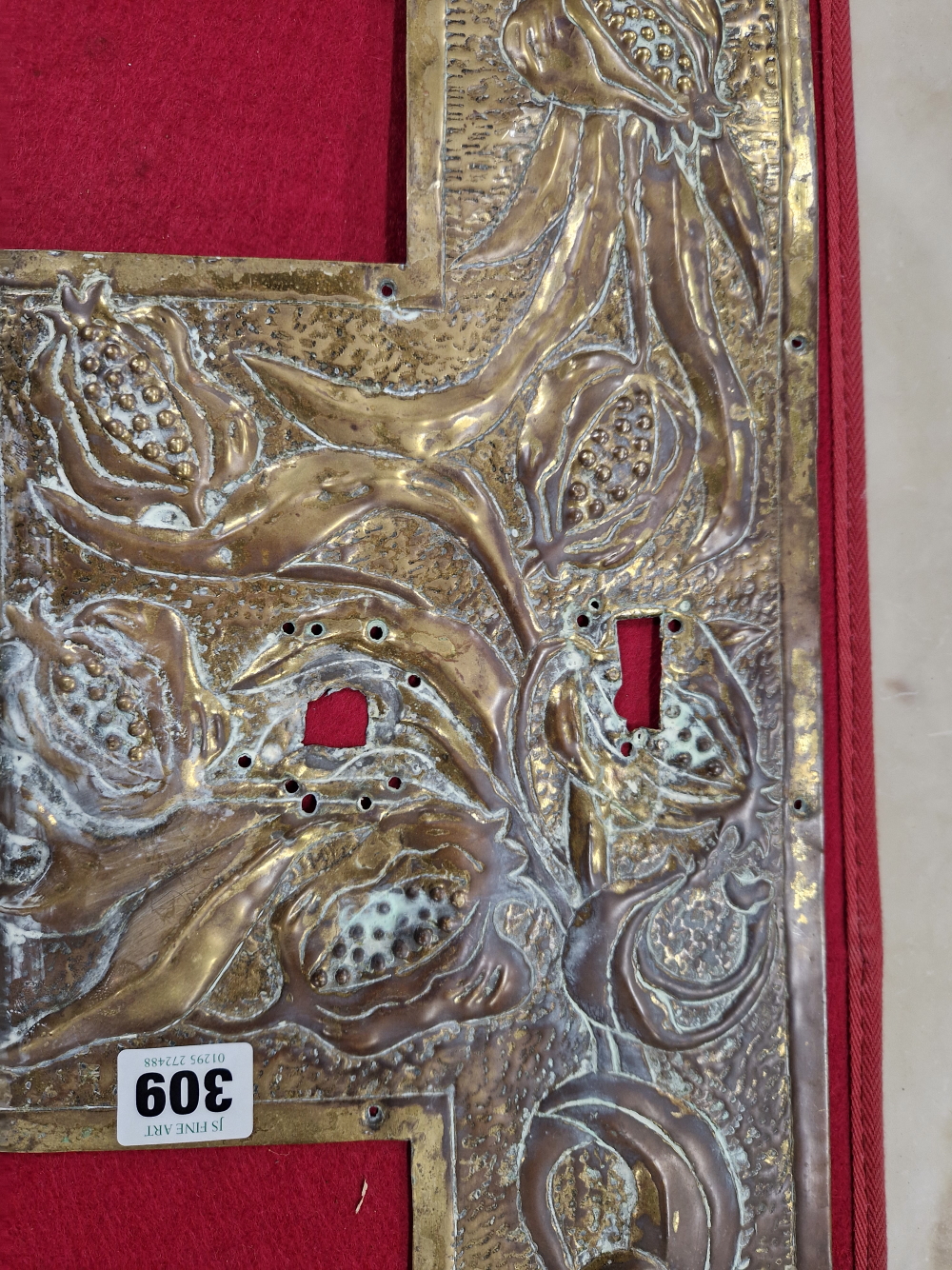 AN ARTS AND CRAFTS COPPER CEILING LIGHT, THE SOCKET BELOW A ROSETTE OF LEAVES, A COLUMN AND THREE - Image 4 of 15