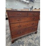 A 19th C. OAK CHEST OF TWO SHORT AND THREE GRADED LONG DRAWERS ON BRACKET FEET. W 123 x D 56 x H