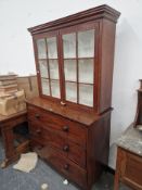 AN ANTIQUE MAHOGANY DISPLAY CABINET WITH A CHEST OF THREE LONG DRAWERS BASE.   W 112 x D 51 x H