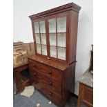 AN ANTIQUE MAHOGANY DISPLAY CABINET WITH A CHEST OF THREE LONG DRAWERS BASE.   W 112 x D 51 x H